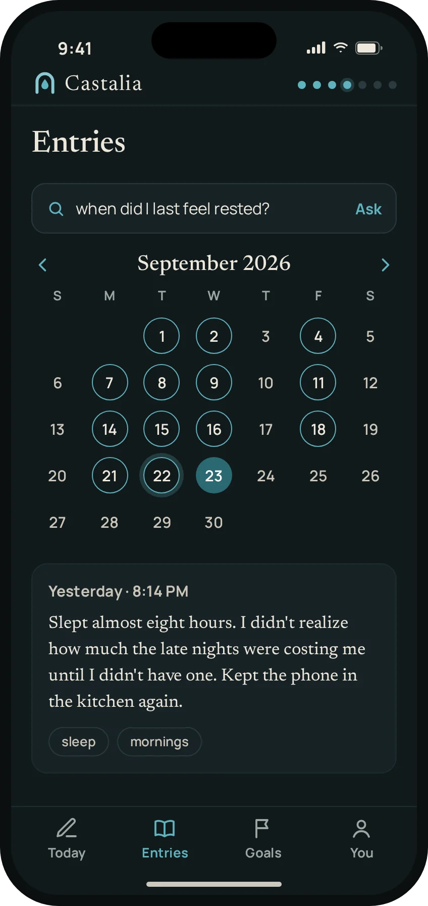 Castalia's Entries screen showing a search and a calendar
