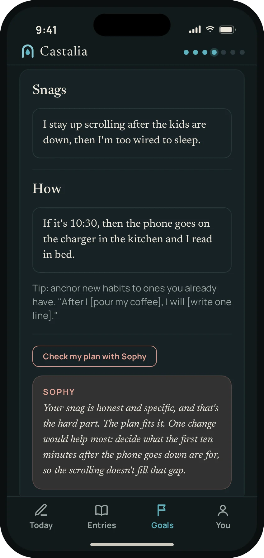 A goal plan in Castalia with Sophy's note